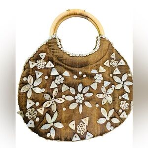Vintage Coldwater Creek Raw Silk Clutch Beaded Shells Bamboo Boho Beach Tropical